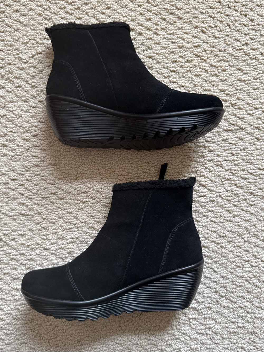 Skechers Black Suede-Look Wedge Ankle Booties with Faux Shearling Trim